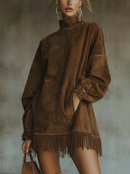 Gabriela | Suede Dress with High Neck and Fringe
