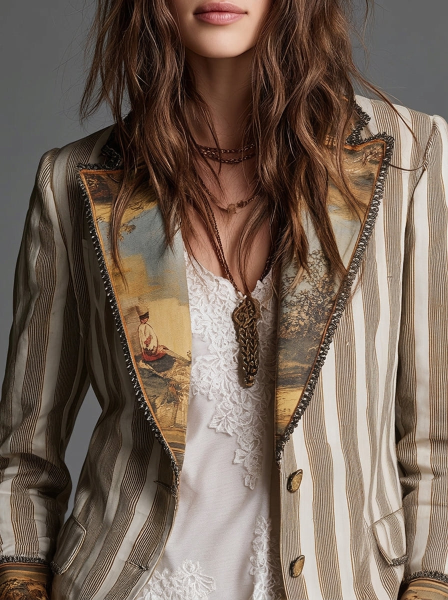 Sara - Blazer Bohemio a Rayas con Cuello Estampado