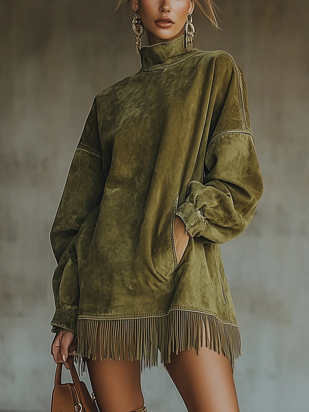 Gabriela | Suede Dress with High Neck and Fringe
