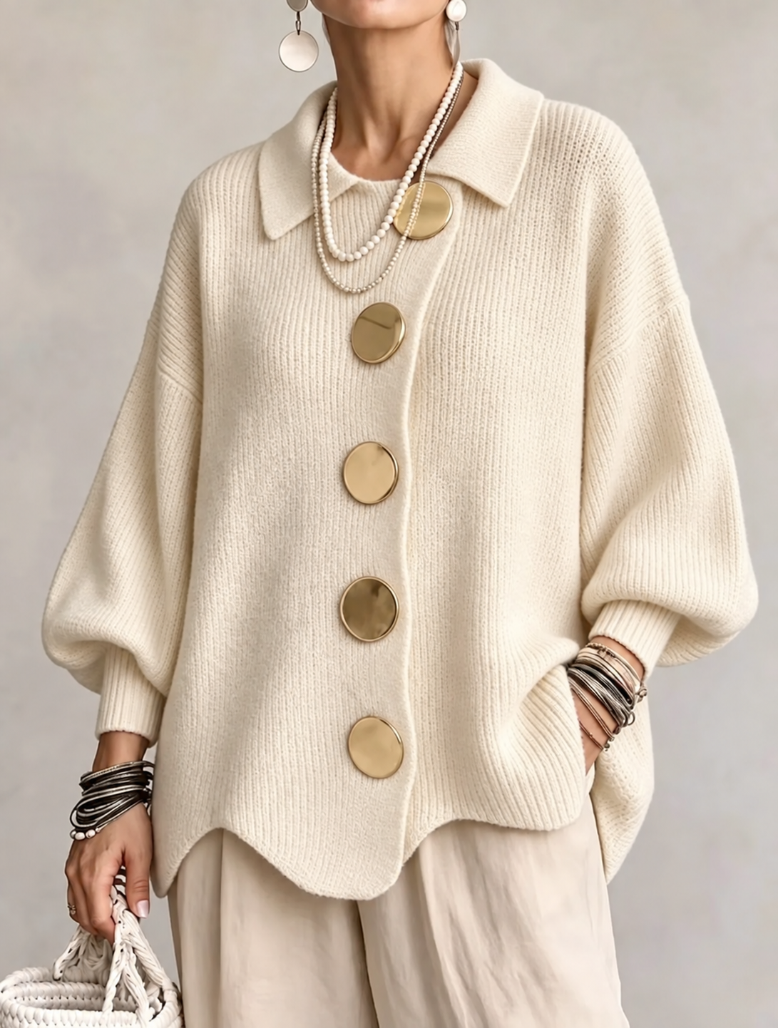 Isadora™ | Cárdigan Oversize con Cuello y Botones Metálicos Grandes
